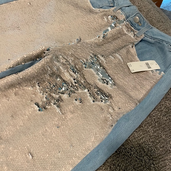 Anthropologie Pilcro Blue and Tan reversible sequin Flare Jeans 27 NWT - Picture 4 of 8